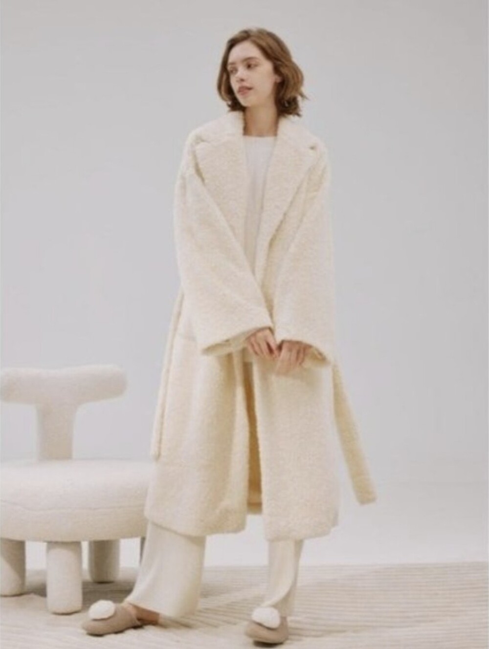 NAP Loungewear Faux Fur Fleece Shawl Collar Robe in Ivory Size Small New